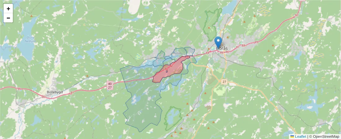 Karta över postnummerområdet  och angränsande postnummer i Sverige
