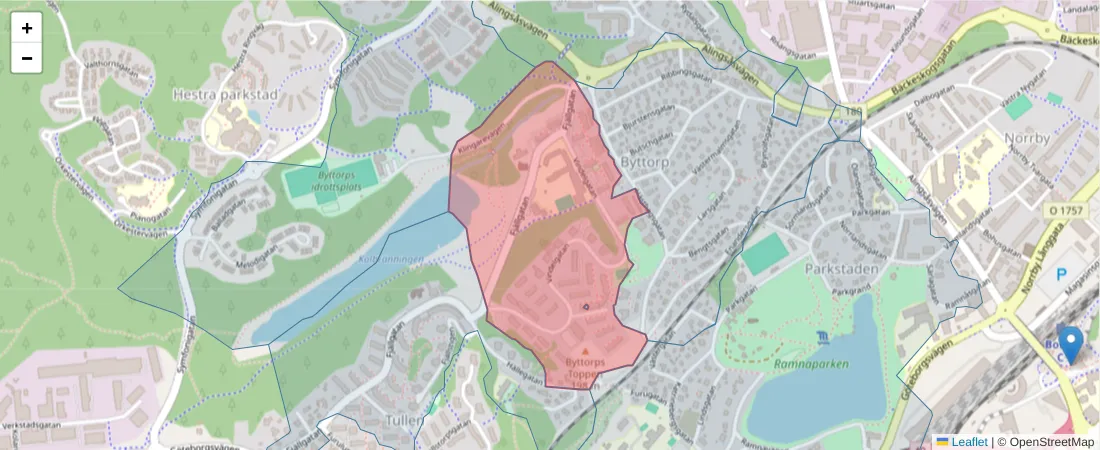 Karta över postnummerområdet  och angränsande postnummer i Sverige