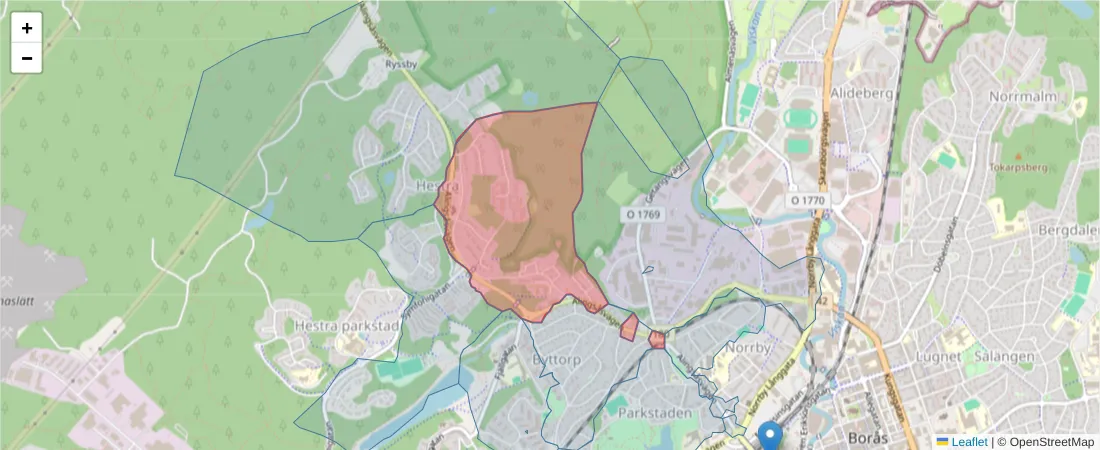 Karta över postnummerområdet  och angränsande postnummer i Sverige
