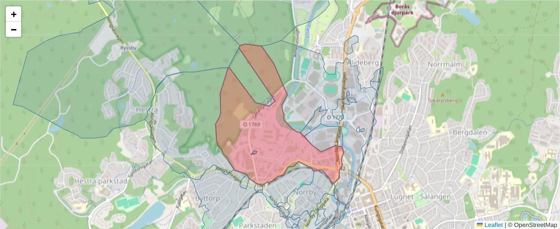 Karta över postnummerområdet  och angränsande postnummer i Sverige