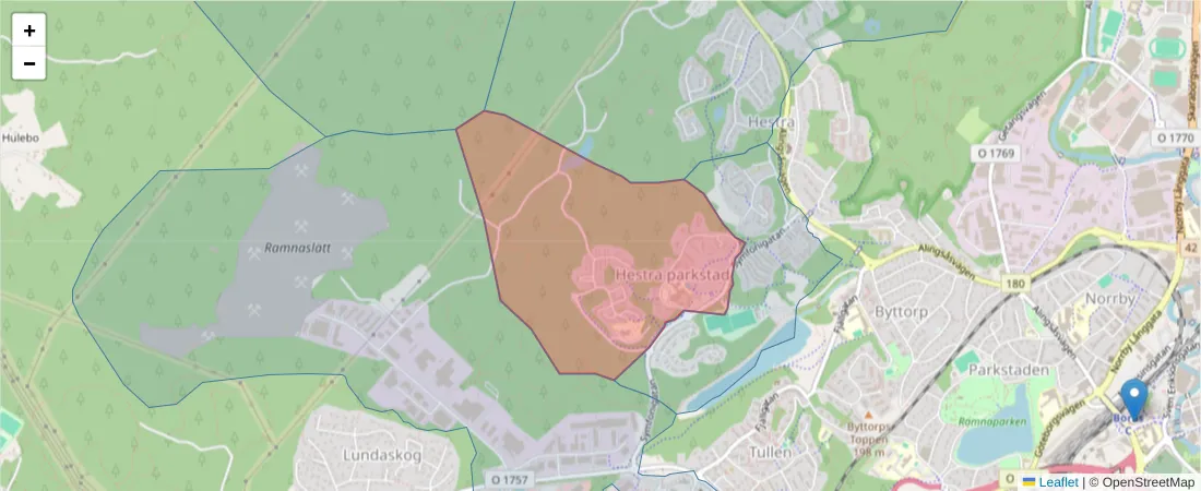 Karta över postnummerområdet  och angränsande postnummer i Sverige