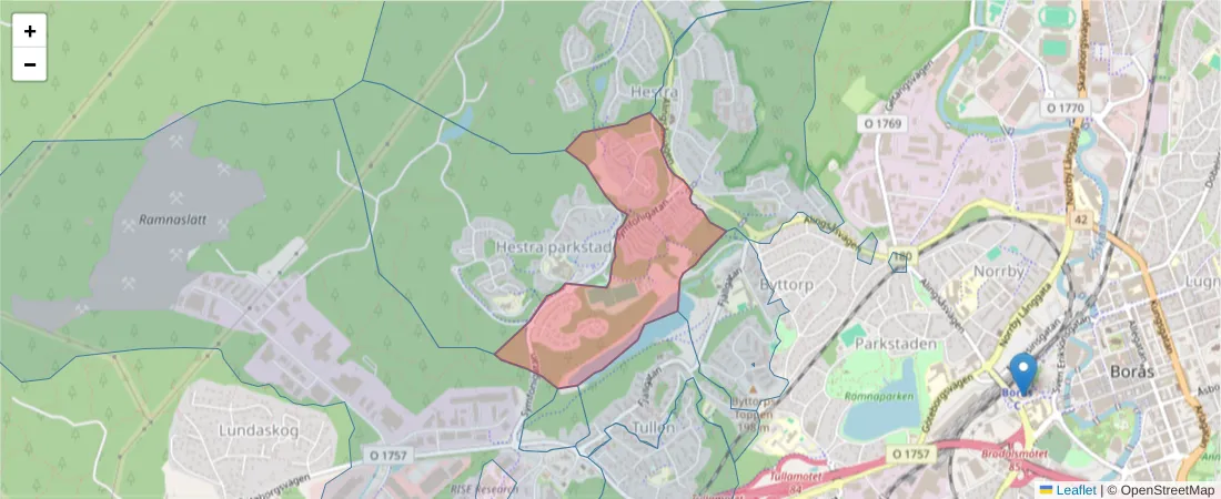 Karta över postnummerområdet  och angränsande postnummer i Sverige