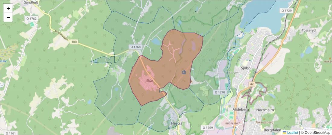 Karta över postnummerområdet  och angränsande postnummer i Sverige