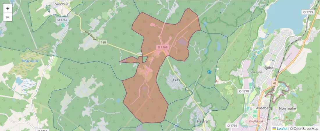 Karta över postnummerområdet  och angränsande postnummer i Sverige