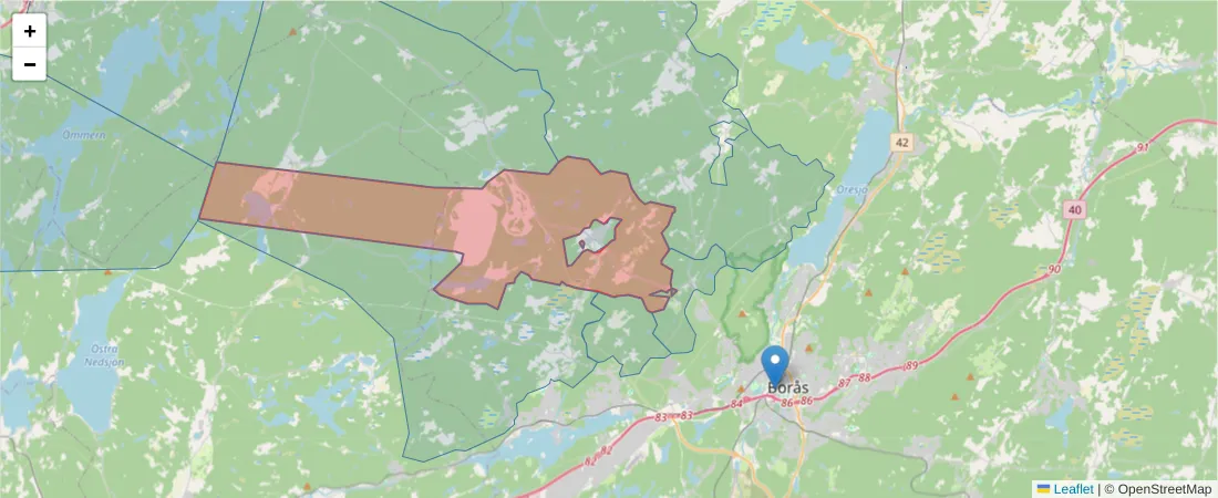 Karta över postnummerområdet  och angränsande postnummer i Sverige