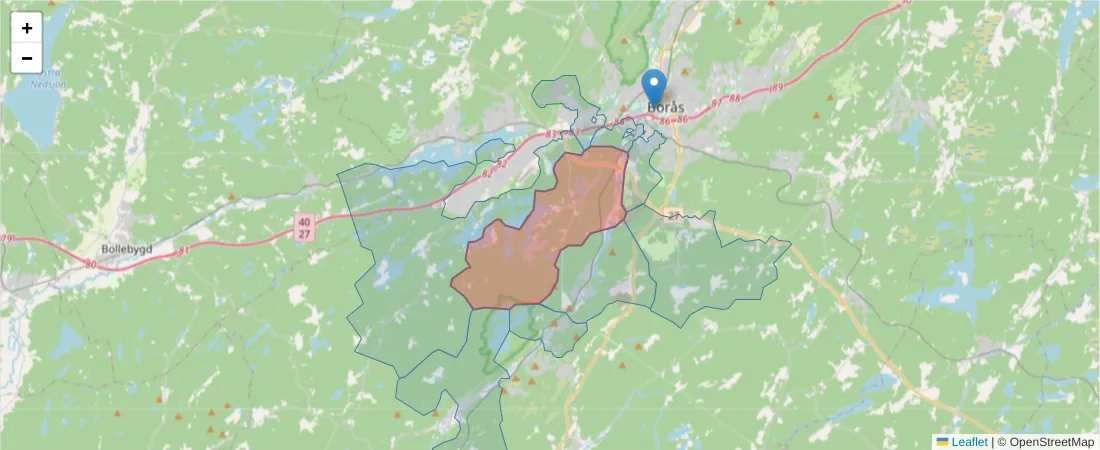 Karta över postnummerområdet  och angränsande postnummer i Sverige