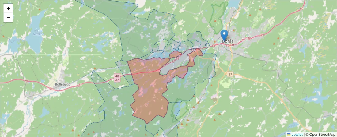 Karta över postnummerområdet  och angränsande postnummer i Sverige