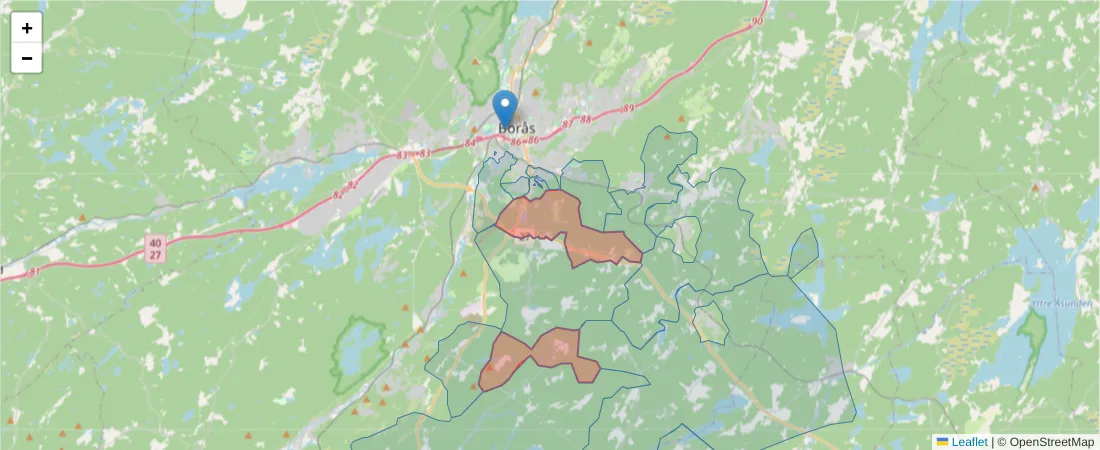 Karta över postnummerområdet  och angränsande postnummer i Sverige