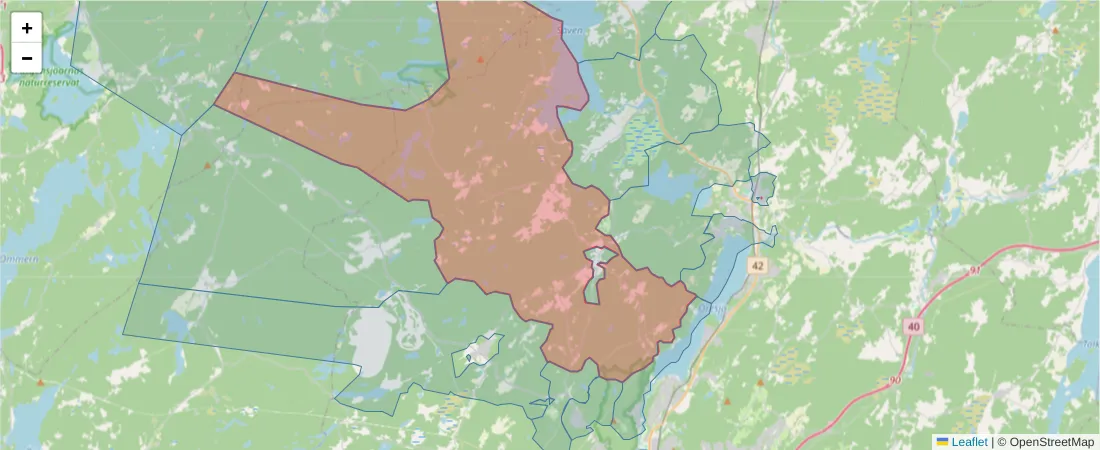 Karta över postnummerområdet  och angränsande postnummer i Sverige