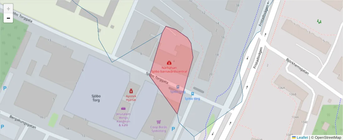 Karta över postnummerområdet  och angränsande postnummer i Sverige