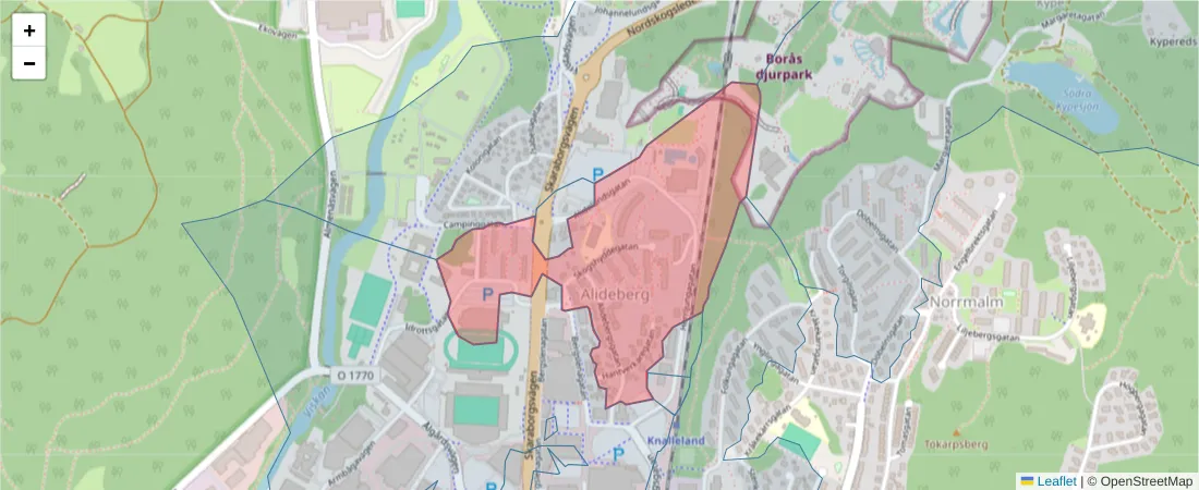 Karta över postnummerområdet  och angränsande postnummer i Sverige