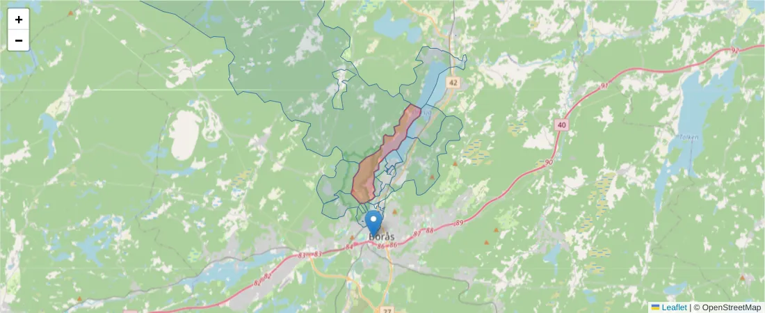 Karta över postnummerområdet  och angränsande postnummer i Sverige