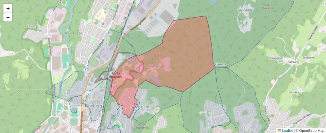 Karta över postnummerområdet  och angränsande postnummer i Sverige