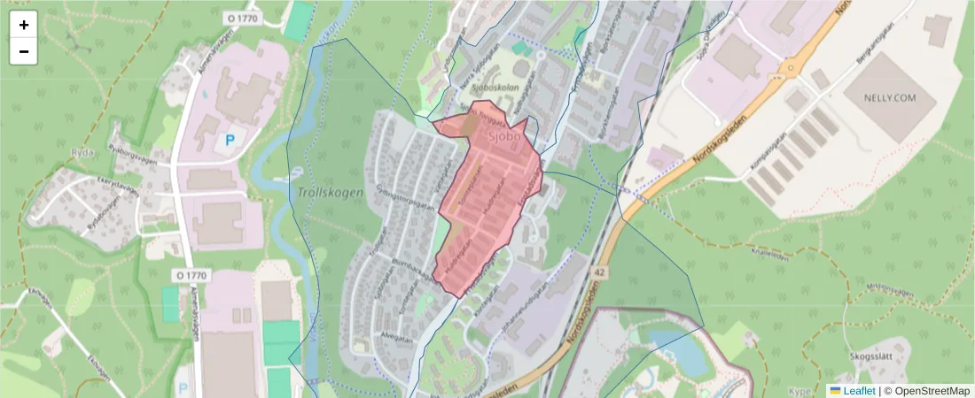 Karta över postnummerområdet  och angränsande postnummer i Sverige
