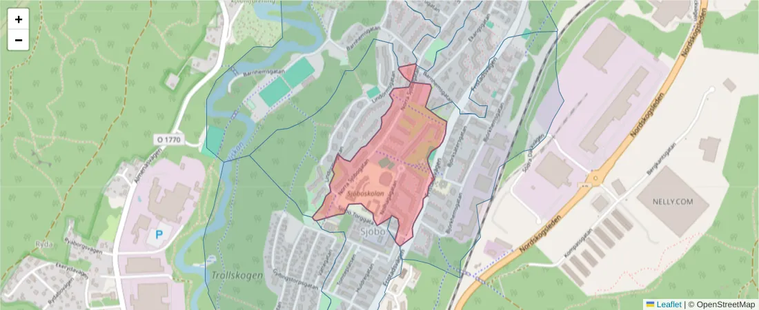Karta över postnummerområdet  och angränsande postnummer i Sverige