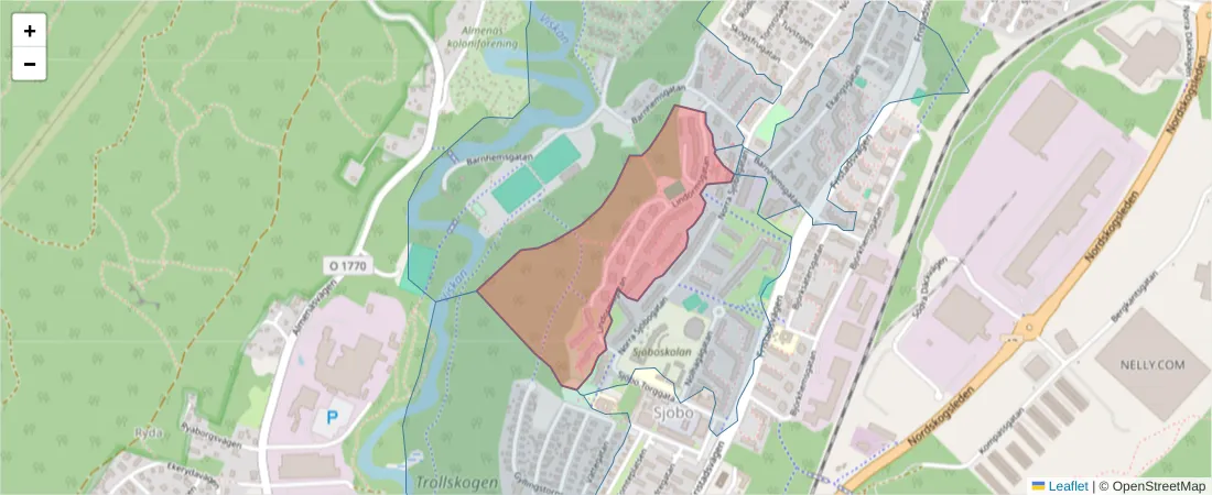 Karta över postnummerområdet  och angränsande postnummer i Sverige