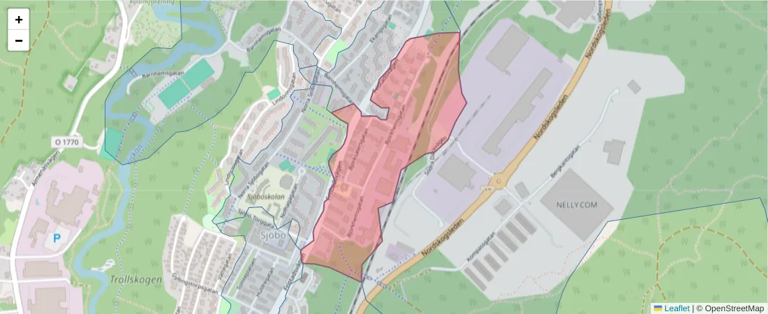 Karta över postnummerområdet  och angränsande postnummer i Sverige