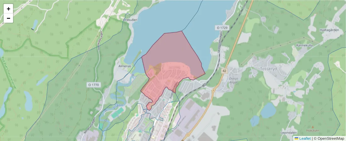 Karta över postnummerområdet  och angränsande postnummer i Sverige