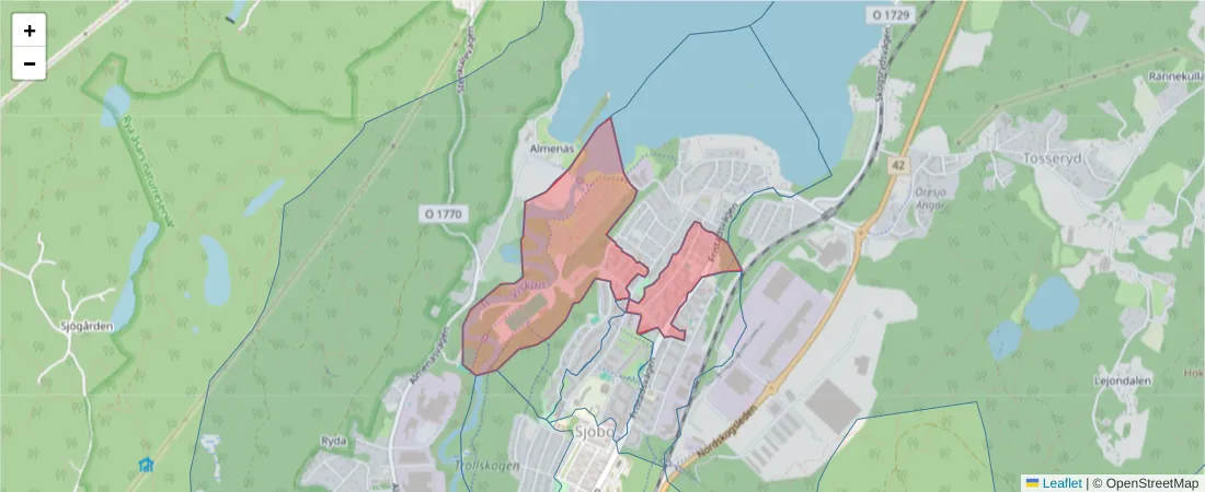 Karta över postnummerområdet  och angränsande postnummer i Sverige