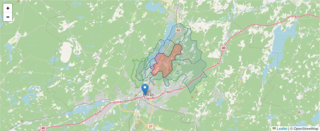Karta över postnummerområdet  och angränsande postnummer i Sverige