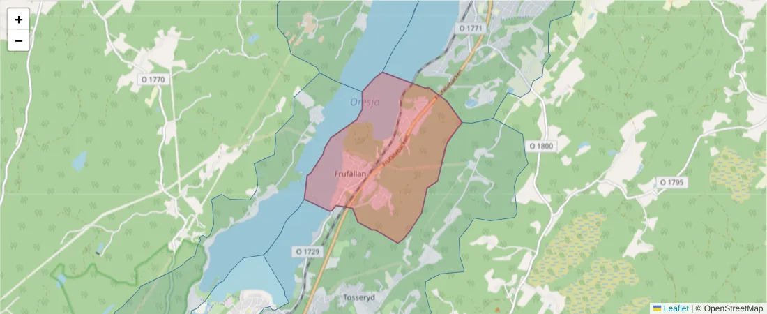 Karta över postnummerområdet  och angränsande postnummer i Sverige