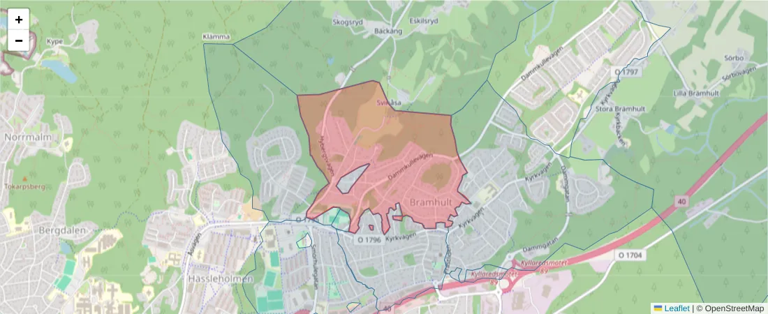 Karta över postnummerområdet  och angränsande postnummer i Sverige