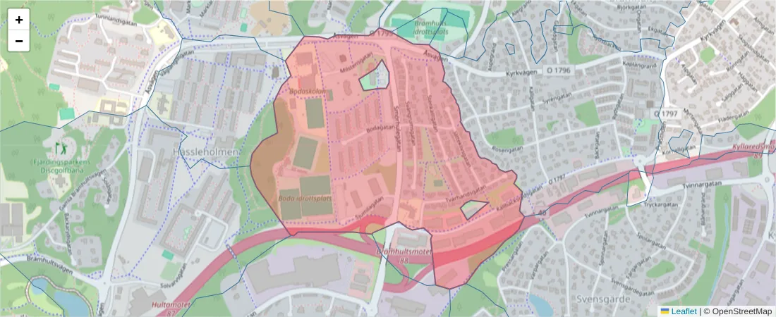 Karta över postnummerområdet  och angränsande postnummer i Sverige