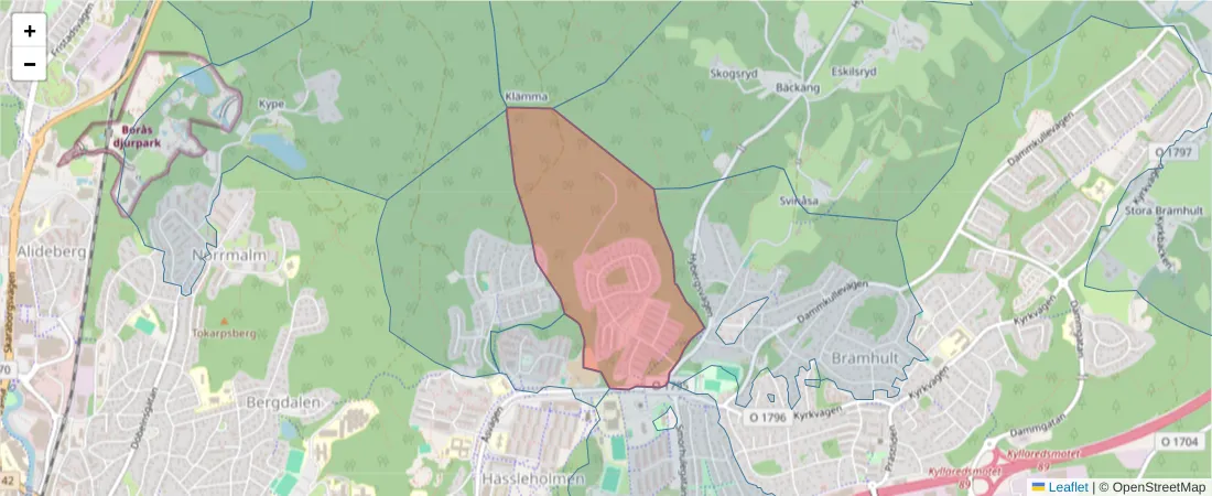Karta över postnummerområdet  och angränsande postnummer i Sverige