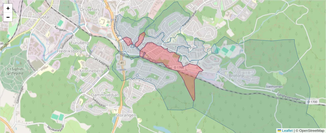 Karta över postnummerområdet  och angränsande postnummer i Sverige