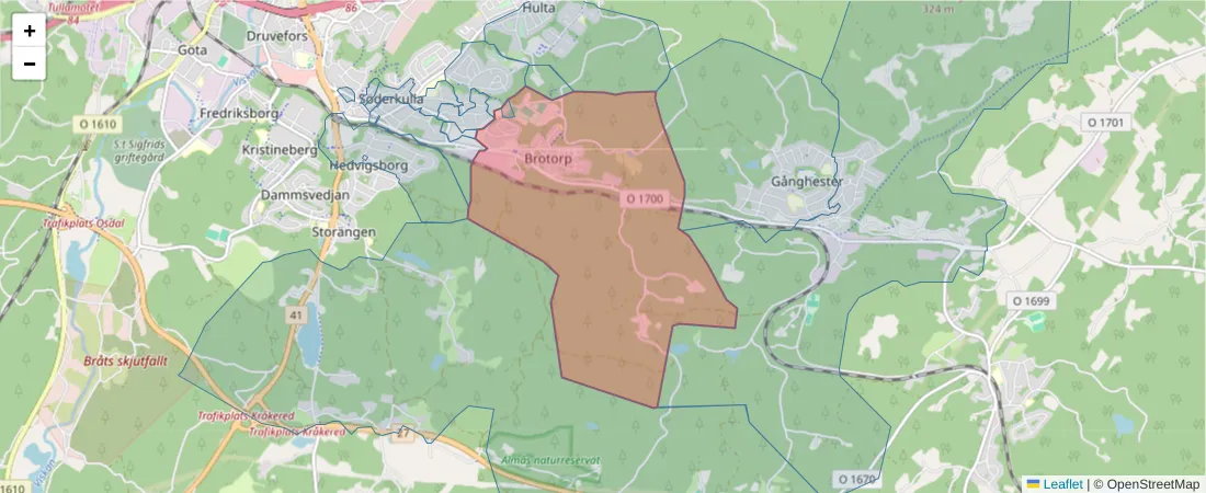 Karta över postnummerområdet  och angränsande postnummer i Sverige