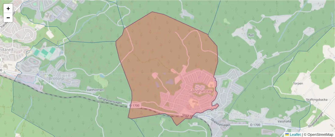Karta över postnummerområdet  och angränsande postnummer i Sverige