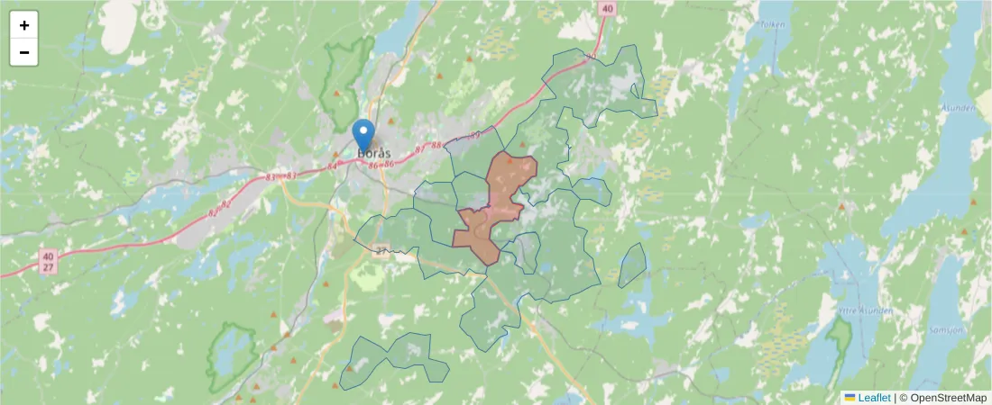 Karta över postnummerområdet  och angränsande postnummer i Sverige