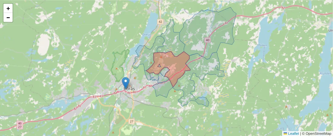 Karta över postnummerområdet  och angränsande postnummer i Sverige