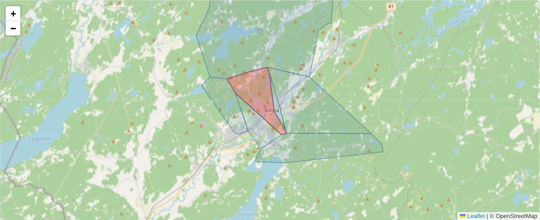 Karta över postnummerområdet  och angränsande postnummer i Sverige