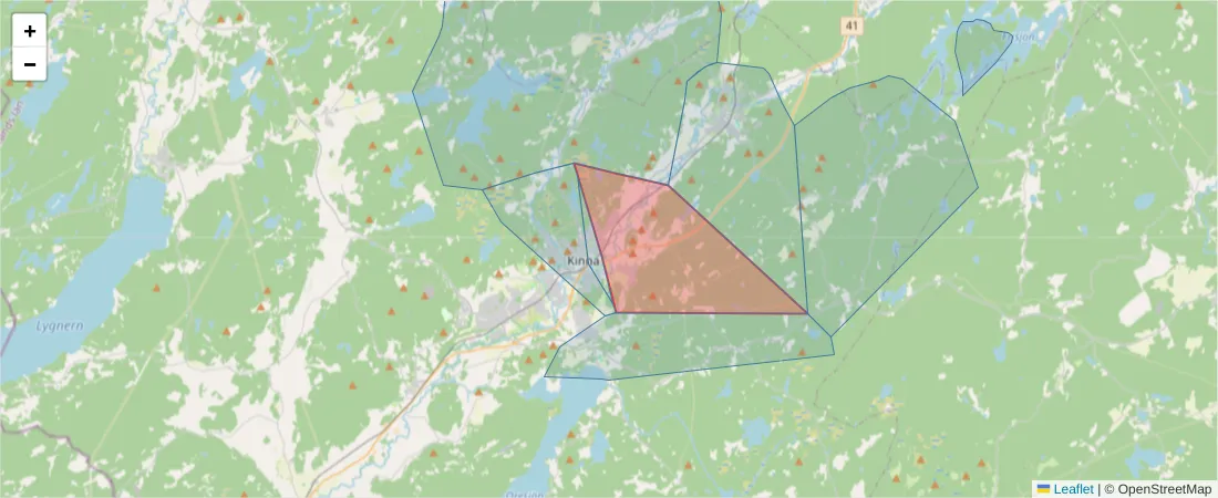 Karta över postnummerområdet  och angränsande postnummer i Sverige