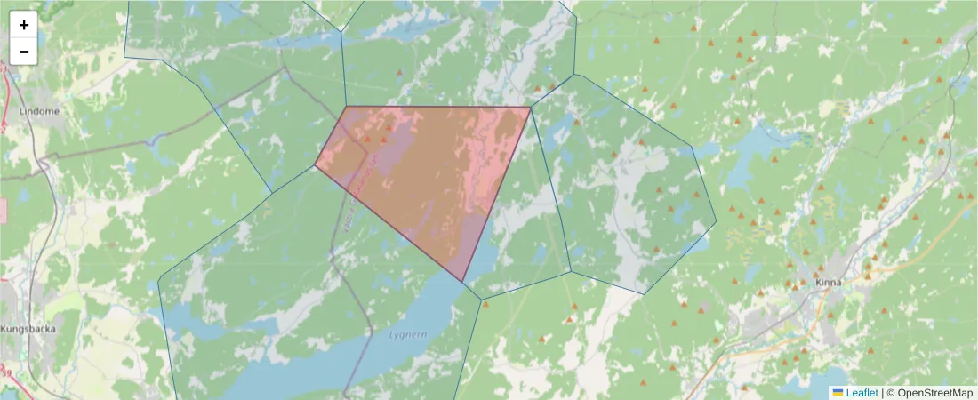 Karta över postnummerområdet  och angränsande postnummer i Sverige