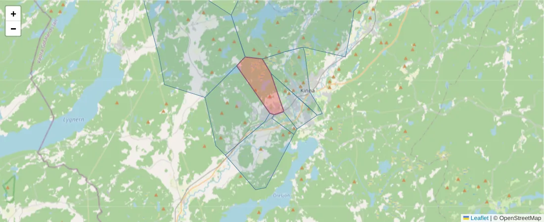 Karta över postnummerområdet  och angränsande postnummer i Sverige