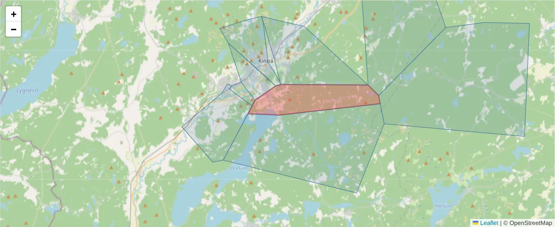Karta över postnummerområdet  och angränsande postnummer i Sverige