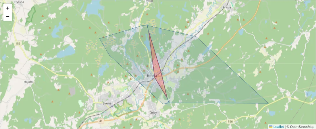Karta över postnummerområdet  och angränsande postnummer i Sverige