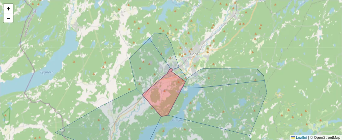 Karta över postnummerområdet  och angränsande postnummer i Sverige