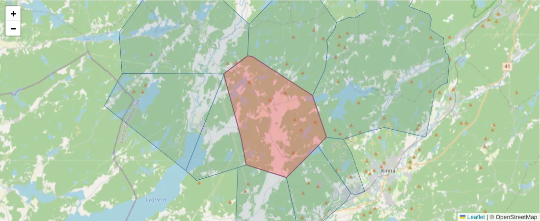 Karta över postnummerområdet  och angränsande postnummer i Sverige