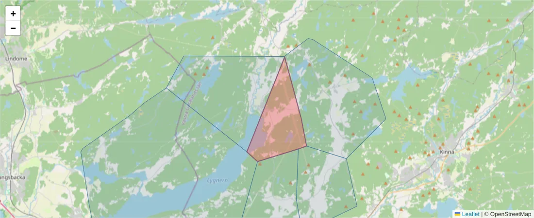 Karta över postnummerområdet  och angränsande postnummer i Sverige