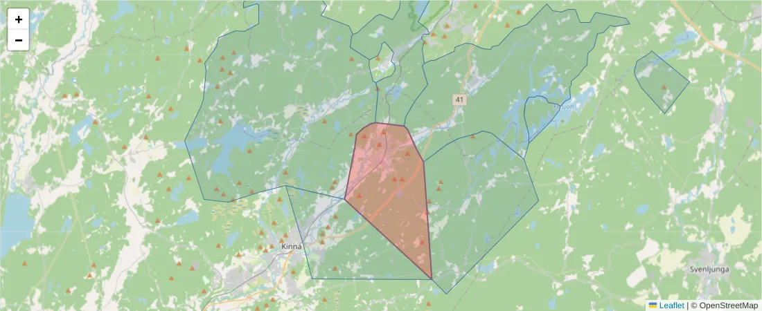 Karta över postnummerområdet  och angränsande postnummer i Sverige