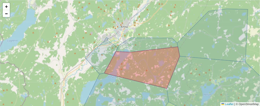 Karta över postnummerområdet  och angränsande postnummer i Sverige