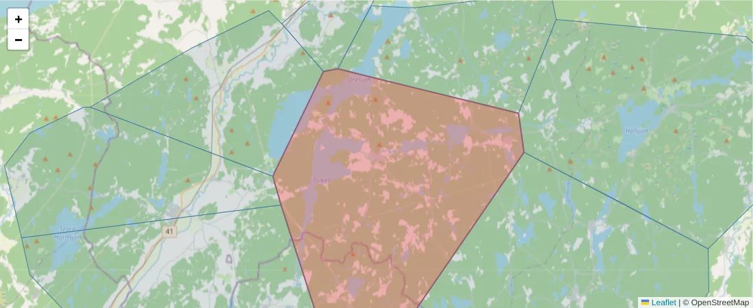 Karta över postnummerområdet  och angränsande postnummer i Sverige