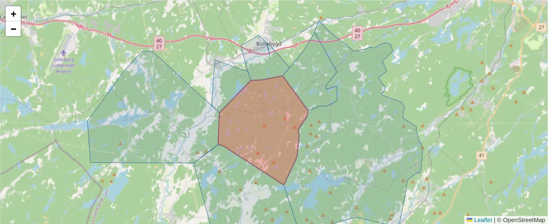 Karta över postnummerområdet  och angränsande postnummer i Sverige
