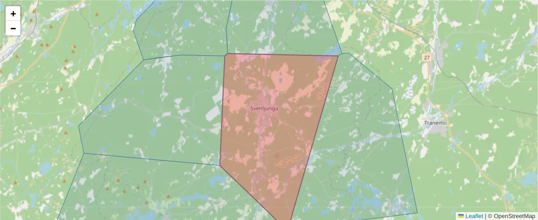 Karta över postnummerområdet  och angränsande postnummer i Sverige