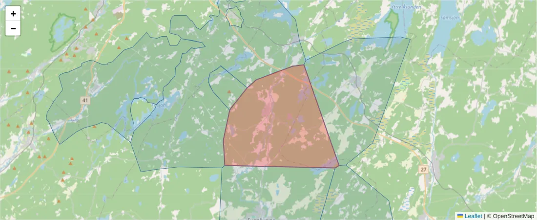 Karta över postnummerområdet  och angränsande postnummer i Sverige