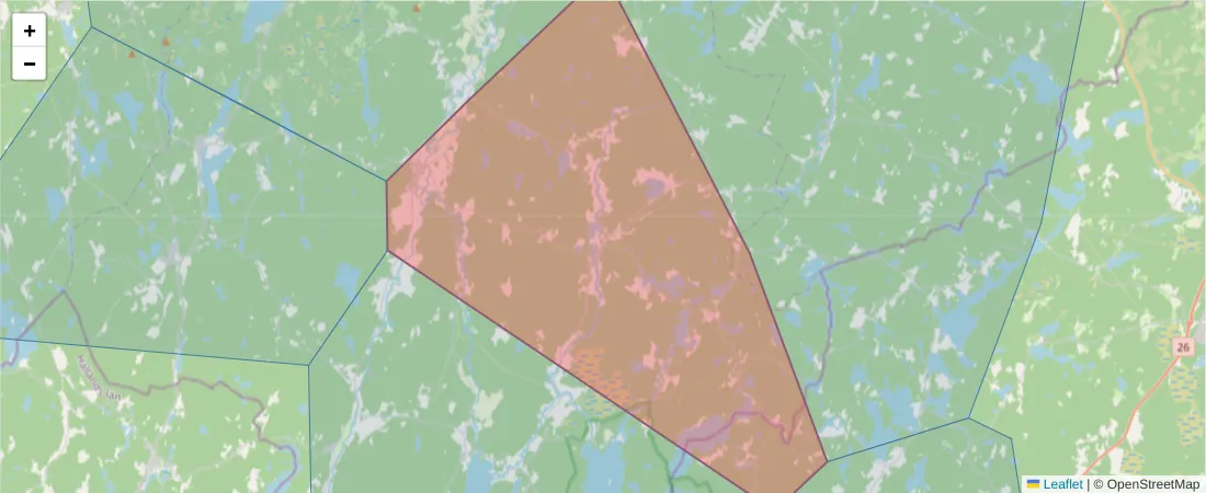 Karta över postnummerområdet  och angränsande postnummer i Sverige