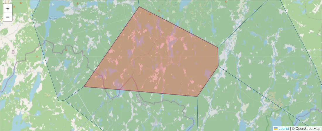 Karta över postnummerområdet  och angränsande postnummer i Sverige